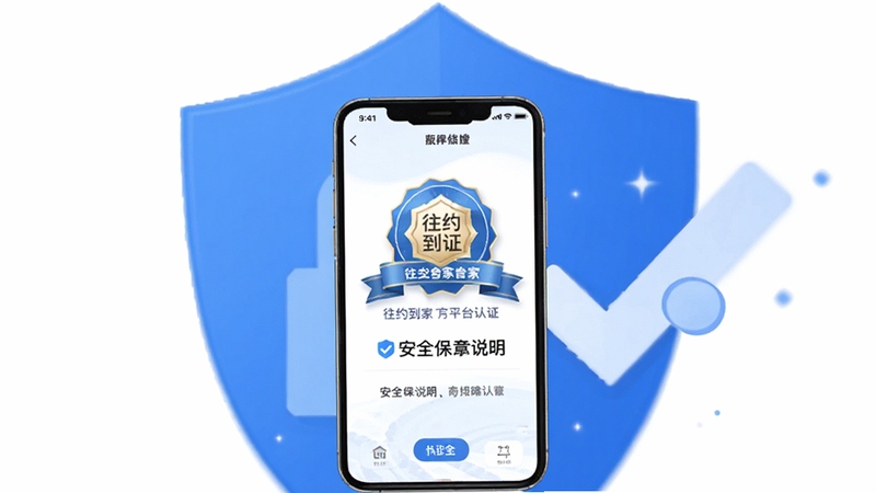 往约到家官方平台安全认证标识图,画面中央为手机屏幕显示往约到家应用内的认证徽章与安全保障说明,背景为蓝色盾牌与勾选图标,简洁商务风格,Boogu模型生成