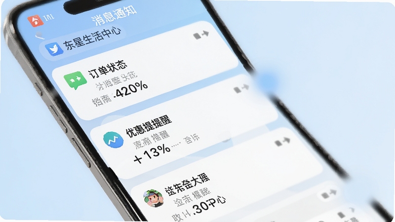 东星生活APP消息通知中心界面,手机屏幕显示多条通知卡片,包含订单状态与优惠提醒,背景为淡蓝色渐变,风格简洁清爽