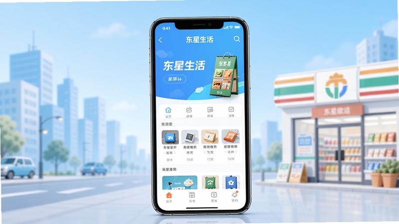 软件名称东星生活,画面主体为一部智能手机居中放置,屏幕显示东星生活APP首页界面,背景为浅蓝色渐变城市街景与便利店元素,整体风格清新明亮,扁平化设计,高清细节,适合软件下载站展示