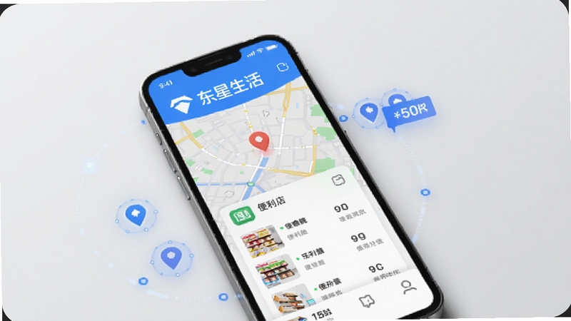 东星生活APP门店定位功能界面,手机屏幕显示地图与便利店列表,周围有定位图标与距离标注,背景为简洁的浅灰色调,突出科技感与实用性