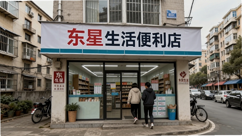 东星生活便利店门店外观实景图,画面展示一家社区便利店门头,招牌清晰可见,门口有顾客进出,背景为居民楼与街道,光线自然,风格写实