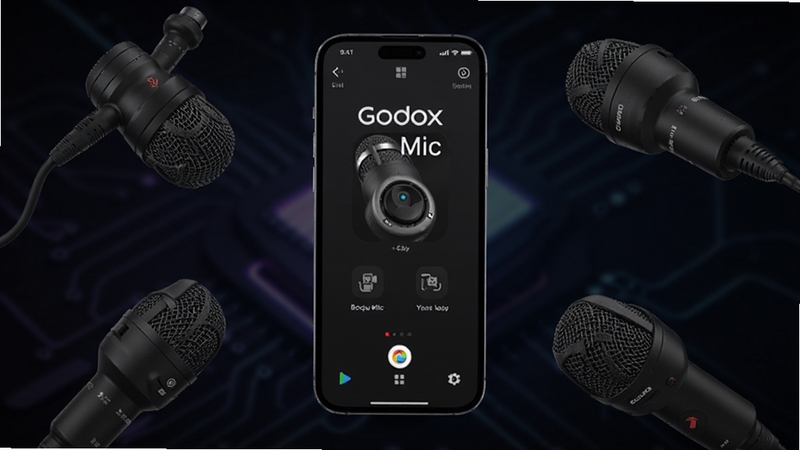 һ����ΪGodox Mic���ֻ�Ӧ�ý�������չʾ�ڻ������룬����Ϊ��ɫ�Ƽ��н��䣬���������������ƫ�ϣ���Χ����������˷��Ʒ��Ⱦͼ����������רҵ������Booguģ�����ɣ����廭�ʣ�16:9����