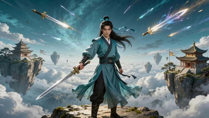 画面中央是一位身着青衣的仙侠剑客,手持长剑立于云端之上,背景是浩瀚苍穹与漂浮的仙山楼阁,远处有流光溢彩的剑气划破天际,整体风格为国风玄幻,色彩以青蓝与金色为主,画面细节丰富,光影层次分明,突出苍穹之剑2的仙侠主题
