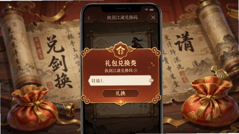 执剑江湖兑换码输入界面,画面主体为手机屏幕,屏幕中显示礼包兑换弹窗与输入框,背景为游戏内的古风卷轴与锦囊元素,色调以朱红与金色为主,风格精致国风,适配Boogu模型生成