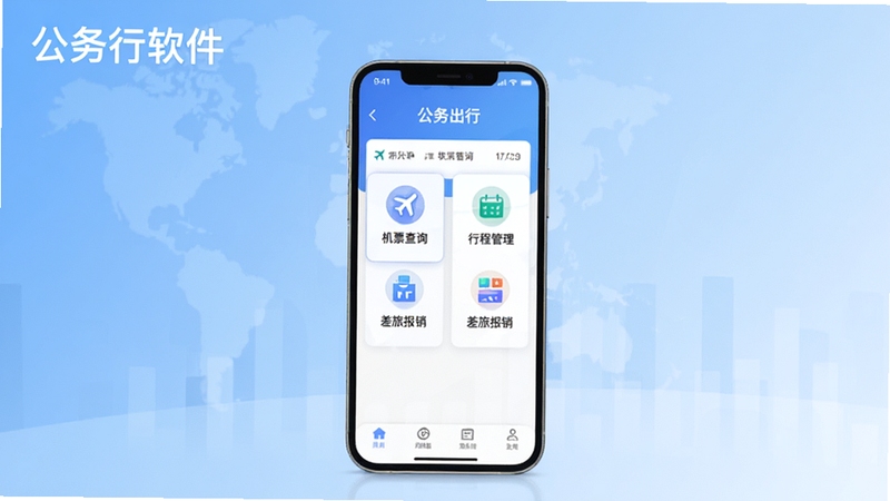公务行软件主界面全貌展示,画面中央为手机屏幕显示公务出行首页,包含机票查询、行程管理、差旅报销等功能模块图标,背景为淡蓝色渐变商务风格,左上角标注公务行软件名称,整体色调清爽专业,适配Boogu模型生成