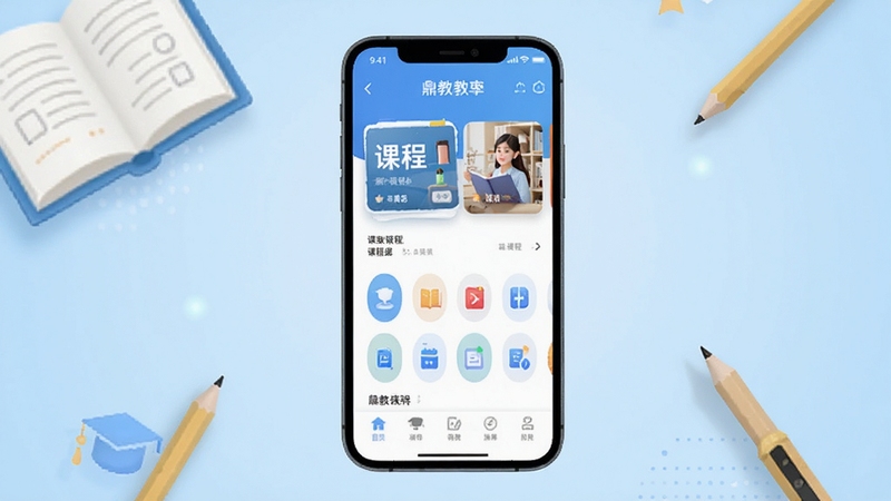 鼎教教软件主界面全貌展示,画面中央为手机屏幕内显示鼎教教应用首页,包含课程卡片与功能图标,背景为柔和的教育主题浅蓝色渐变,周围点缀书本与铅笔元素,整体风格清新简洁,适配Boogu模型生成