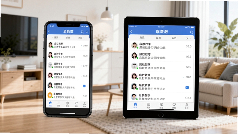 鼎教教多端消息同步功能展示,画面中手机与平板并排显示鼎教教应用界面,屏幕内消息列表保持一致,背景为现代家居环境,色调明亮,突出设备协同的便捷体验