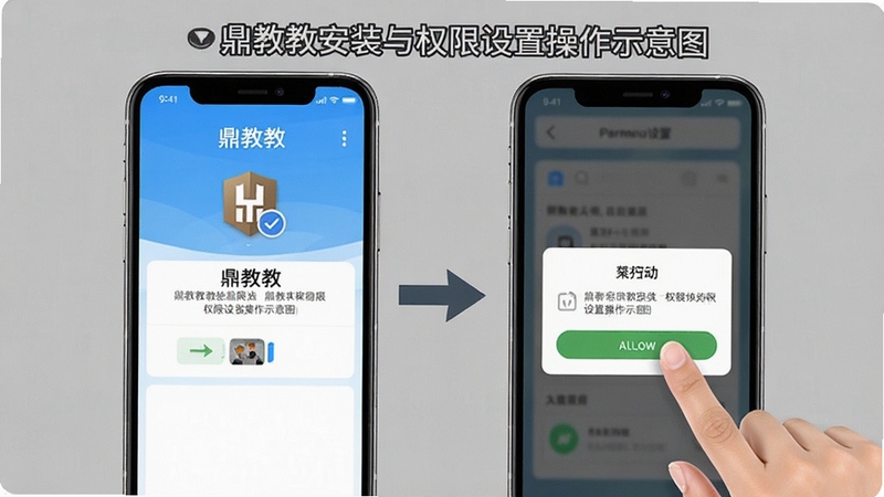 鼎教教安装与权限设置操作示意图,画面展示手机屏幕内鼎教教安装界面与权限弹窗,手指正点击允许按钮,背景为简洁灰色调,突出操作步骤的清晰指引