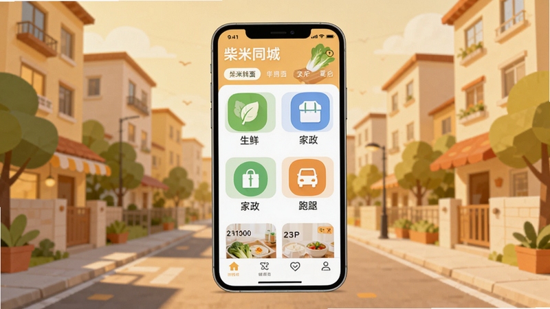 柴米同城 应用主界面全景展示,画面中央为手机屏幕显示柴米同城首页,包含生鲜、家政、跑腿等分类图标,背景为温馨的社区街道与住宅楼,整体色调温暖明亮,扁平化设计风格