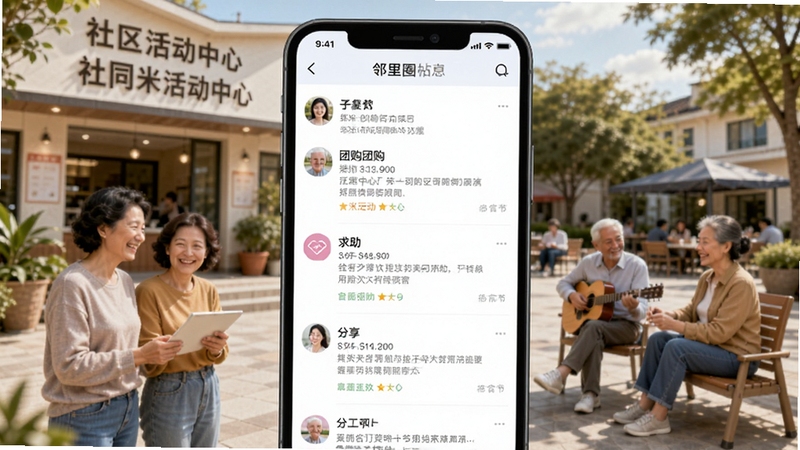 柴米同城邻里社区互动界面,手机屏幕显示邻里圈帖子列表,包含团购、求助、分享等内容,背景为社区活动中心与休闲广场,人物面带微笑,整体氛围和谐融洽