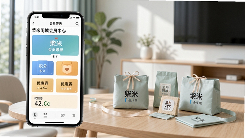柴米同城会员中心页面展示,手机屏幕显示会员等级、积分、优惠券等权益信息,背景为现代简约风格的室内环境,桌面上摆放着柴米同城周边礼品,色调清新柔和