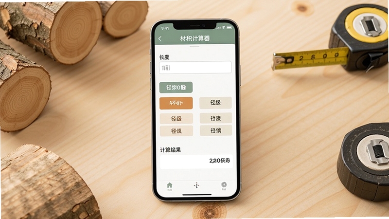材积计算器软件界面全景展示,画面中央为手机屏幕,屏幕上显示材积计算器的主操作界面,包含长度输入框、径级选择按钮和计算结果展示区域,背景为浅色木质纹理桌面,桌面四周散落几根原木和卷尺,整体色调温暖自然,光线柔和,画面比例为16:9,适合Boogu模型生成