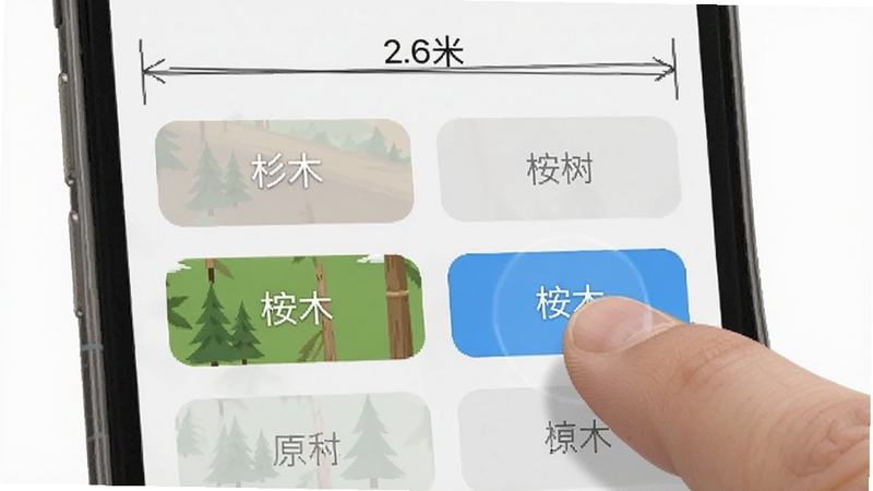 材积计算器多树种选择界面,画面为手机应用截图风格,屏幕中显示杉木、桉树、原木等多个树种选项按钮,手指正在点击桉树选项,屏幕上方显示2.6米长度标注,背景为干净的浅灰色,画面清晰明亮,细节丰富,适合Boogu模型生成
