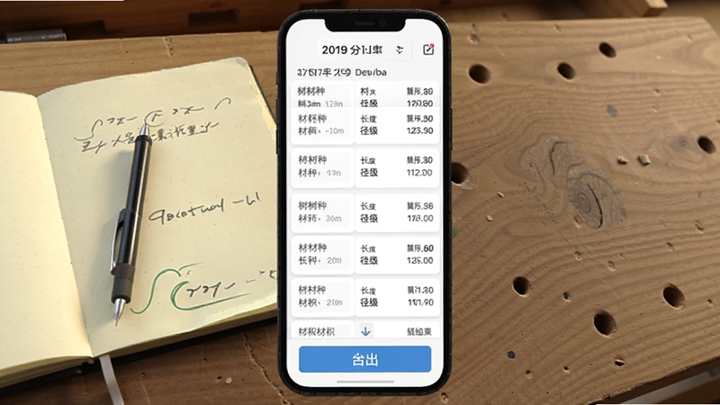 材积计算器历史记录页面,手机屏幕显示多条材积计算历史条目,每条记录包含日期、树种、长度、径级和材积结果,屏幕下方有导出按钮,背景为木质工作台,台面上放着一本笔记本和一支笔,画面风格写实,光线自然,适合Boogu模型生成