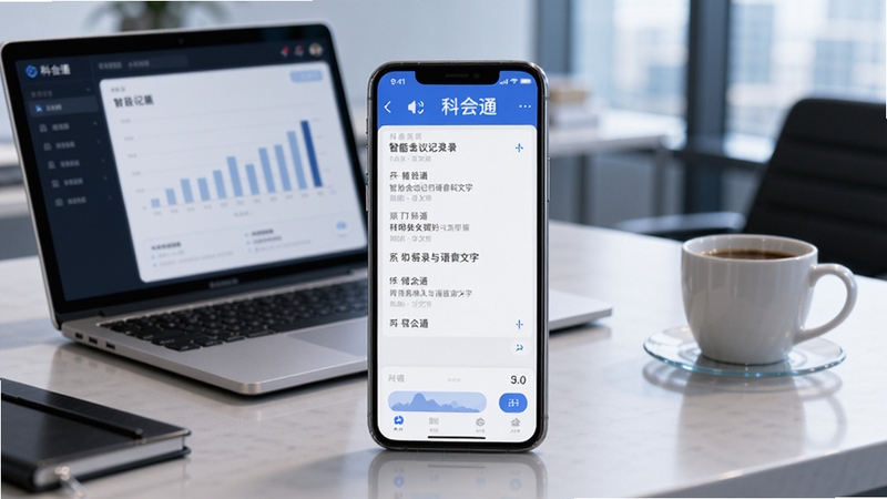 科会通 软件主界面 展示智能会议记录与语音转文字功能 画面中心为手机屏幕显示科会通APP正在实时转写会议内容 背景为现代办公桌面 有笔记本电脑和咖啡杯 整体风格简洁专业 科技感强