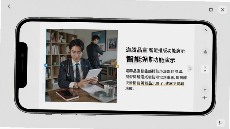 迦腾品宣 智能排版功能演示 手机屏幕显示图文混排编辑界面 左侧图片右侧文字 排版整齐美观 背景为浅灰色 适配Boogu模型生成