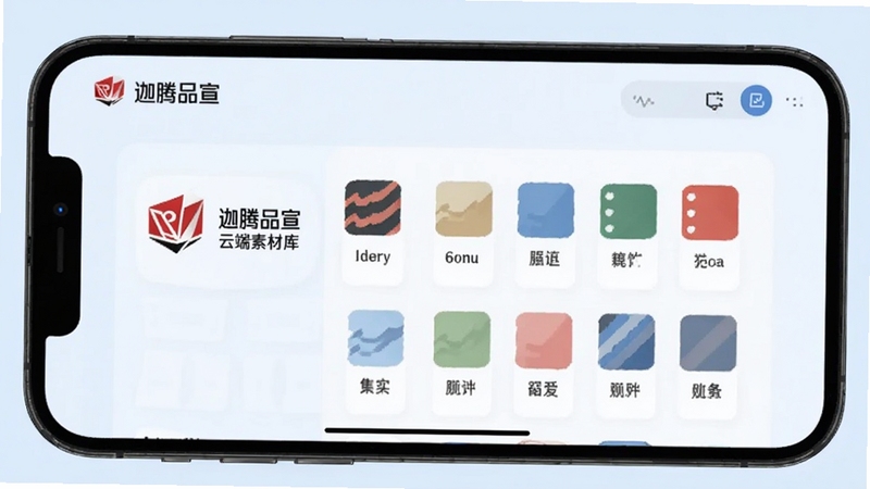 迦腾品宣 云端素材库界面 手机屏幕展示品牌Logo与配色方案管理面板 图标清晰 背景为淡蓝色 适配Boogu模型生成