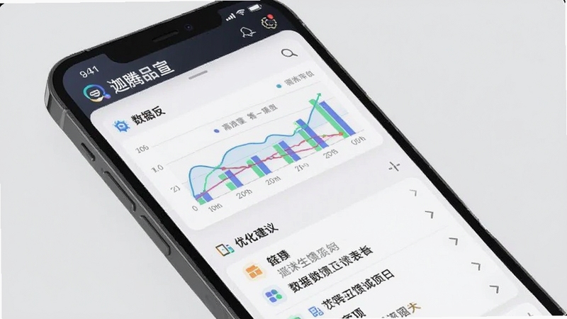 迦腾品宣 数据反馈面板 手机屏幕展示图表与优化建议列表 界面简洁 背景为浅灰色 适配Boogu模型生成