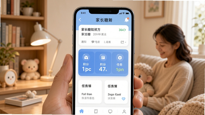 家长糖应用主界面展示,画面中央是一部智能手机,屏幕上显示家长糖APP的首页界面,包含通知列表、积分看板和任务卡片等模块,背景为温馨的家庭书房环境,色调柔和明亮,整体风格简洁现代,适配Boogu模型生成