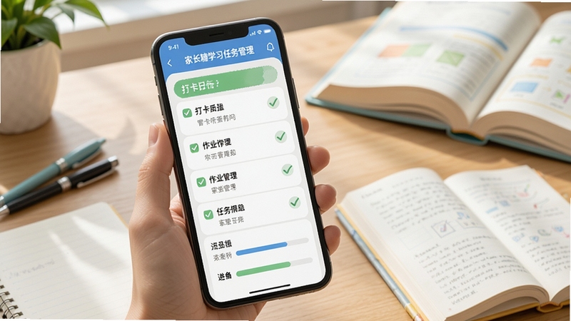 家长糖学习任务管理界面,手机屏幕显示作业列表和打卡日历,有勾选标记和进度条,背景为书桌场景,有文具和课本点缀,画面风格清新自然,突出学习管理的条理性