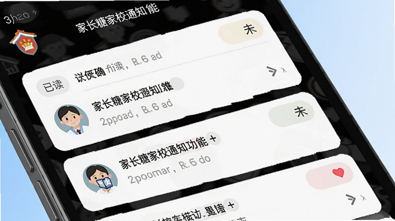 家长糖家校通知功能界面特写,手机屏幕显示多条通知卡片,标注已读和未读状态,旁边有教师头像和学校图标,背景为淡蓝色渐变,画面干净整洁,突出信息传达的即时性与清晰度