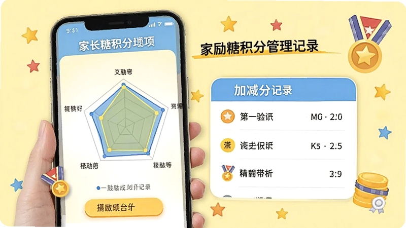 家长糖积分管理页面展示,手机屏幕显示积分雷达图和加减分记录列表,界面色彩活泼,有星星和奖章元素点缀,背景为浅黄色调,体现鼓励与成长的氛围