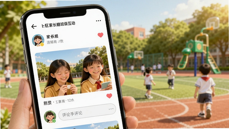 家长糖班级圈互动页面,手机屏幕展示图文动态流,有家长头像、点赞图标和评论输入框,背景为校园操场和绿树,色调温暖活泼,体现社区交流的亲切感