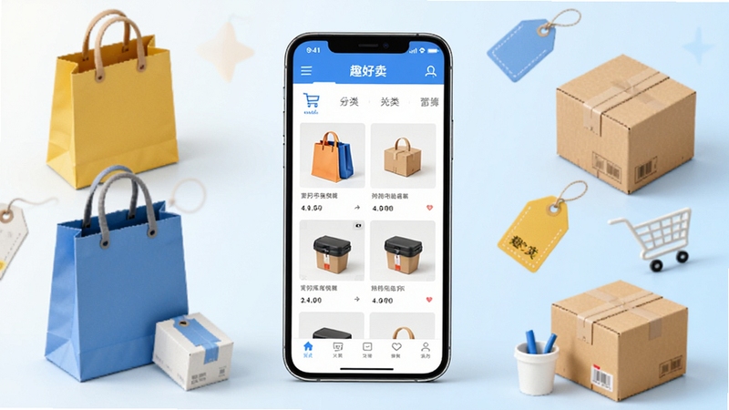 一款名为趣好卖的移动应用界面全貌展示,画面中央为手机屏幕,屏幕内呈现商品列表与分类导航,背景为浅色渐变,四周环绕购物袋、纸箱、标签等电商元素,整体风格清新明亮,适合移动端应用展示场景