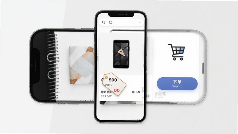 趣好卖应用内商品详情页面展示,手机屏幕中央显示商品图片、价格标签和库存数量,背景为白色与浅灰色搭配,画面右侧有购物车图标和下单按钮,整体风格商务简洁