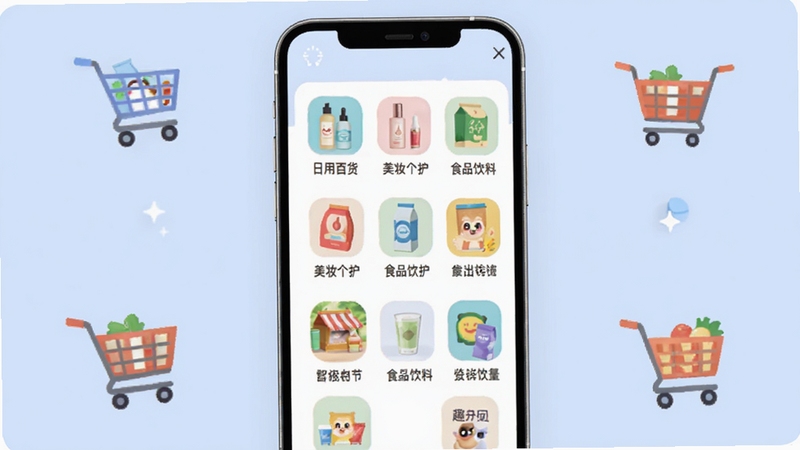 趣好卖应用内商品分类页面展示,手机屏幕中央显示多个商品分类图标,包括日用百货、美妆个护、食品饮料等,背景为柔和的浅蓝色,周围点缀购物车和小推车图形,整体画面简洁清晰