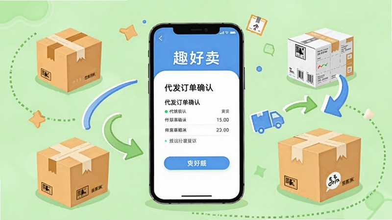 趣好卖一件代发功能示意图,画面中央为手机屏幕显示代发订单确认页面,背景为浅绿色,周围有纸箱、快递单和箭头流转图形,整体风格轻松活泼,突出便捷代发主题