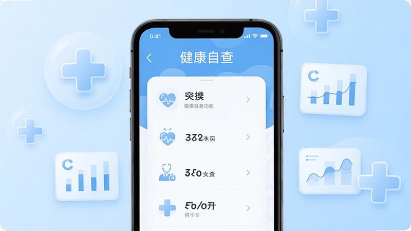 诊简单APP主界面展示,画面中央为手机屏幕显示健康自查功能页面,背景为柔和的浅蓝色渐变,周围点缀简约的医疗十字图标与数据图表元素,整体风格清新专业,适配Boogu模型生成