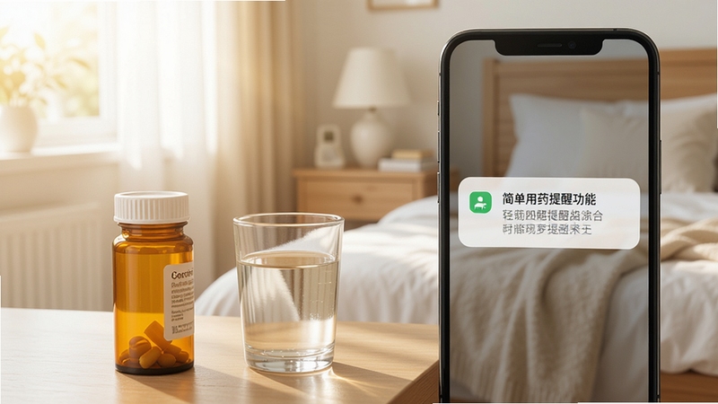 诊简单用药提醒功能展示,手机屏幕弹出提醒通知窗口,旁边摆放着药瓶与一杯温水,背景为早晨的卧室环境,光线明亮柔和,突出提醒功能的及时性与生活化场景