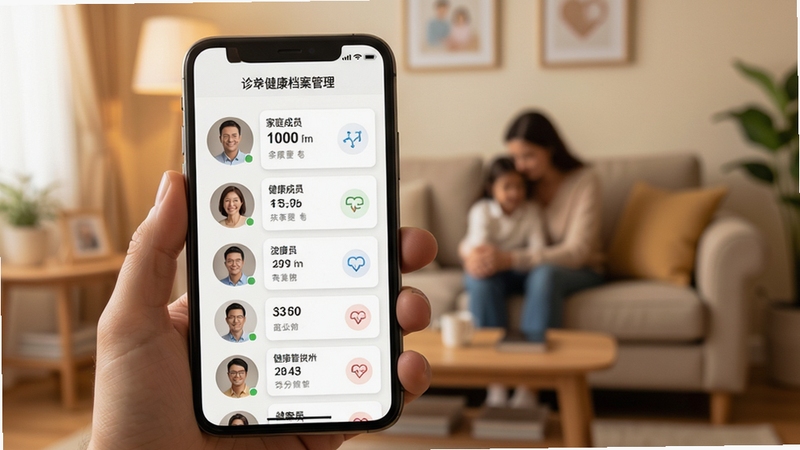 诊简单健康档案管理页面,手机屏幕展示家庭成员头像列表与健康数据卡片,背景为温馨的家庭客厅场景虚化,色调温暖柔和,体现健康管理的便捷与贴心