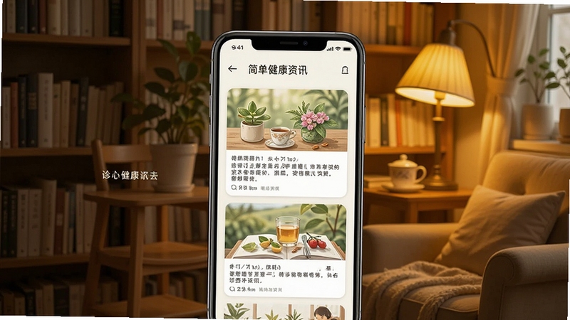 诊简单健康资讯列表页面,手机屏幕展示图文并茂的科普文章卡片,背景为书房或阅读角,暖黄色灯光营造舒适阅读氛围,整体风格文艺清新