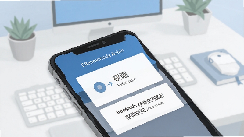 诊简单安装设置界面示意图,手机屏幕显示权限管理页面与存储空间提示,背景为简洁的桌面环境,图标风格扁平化,色调以蓝白灰为主
