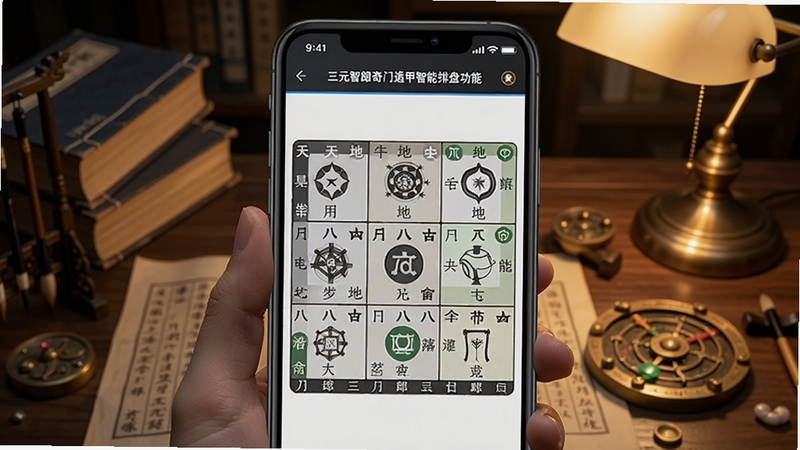 三元智琅奇门遁甲智能排盘功能界面特写,画面中央展示手机屏幕内九宫格排盘结果,天干地支与九星八门八神清晰可见,背景为书房案头场景,有古籍与罗盘点缀,暖色台灯光线,整体氛围安静专注,适配Boogu模型生成
