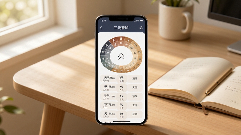 三元智琅离线数据查询功能展示,画面中央为手机屏幕显示天干地支与节气列表,背景为简约书桌与笔记本,自然光线从左侧照入,整体色调温暖柔和,突出工具的实用性与便捷性,适配Boogu模型生成