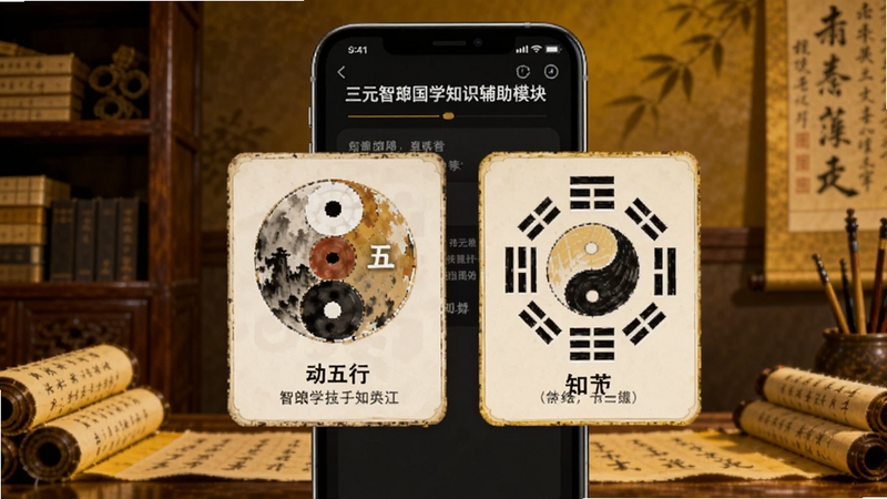 三元智琅国学知识辅助模块界面,画面中央为手机屏幕展示阴阳五行与八卦知识卡片,背景为古典书架与卷轴,暖黄色调,营造浓厚的学习氛围,适配Boogu模型生成