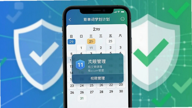 艾宾浩斯背单词学习计划设置与安全下载提示界面,画面主体为手机屏幕展示21天日历和权限管理弹窗,背景区域为盾牌图标和绿色对勾元素,风格安全可靠简洁