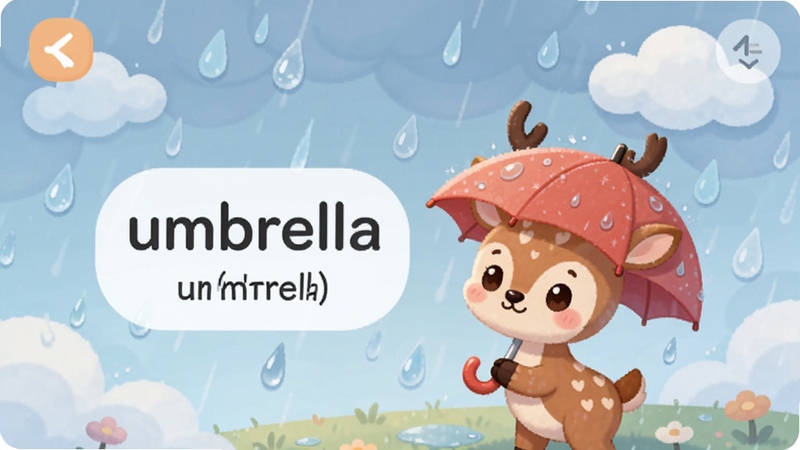 չʾС¹����APP�ڲ�ѧϰҳ�棬������һֻ�ɰ���С¹�����г��ź�ɫ��ɡ���Ա���ʾӢ�ĵ��ʡ�umbrella�������꣬��������κ��ƶ�Ԫ�أ�������ͨ������ɫ����ͣ�ͻ��ͼ�����������ص㡣