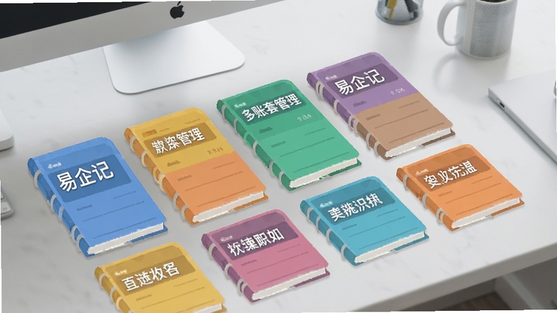 易企记 多账套管理界面 画面中多个彩色账本卡片整齐排列 每个卡片标注不同门店名称 背景为浅灰色办公桌面 柔和光线 扁平化设计风格