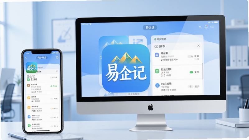 易企记 智能记账软件主界面展示 手机与电脑双端同步画面 画面中央为易企记应用图标与账本列表 背景为淡蓝色渐变办公场景 简洁商务风格 高清细节