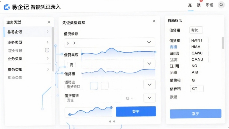 易企记 智能凭证录入界面 画面中央为凭证填写表单 左侧为业务类型选择列表 右侧自动显示借贷科目 背景为白色简洁界面 蓝色高亮按钮 科技感轻商务风格