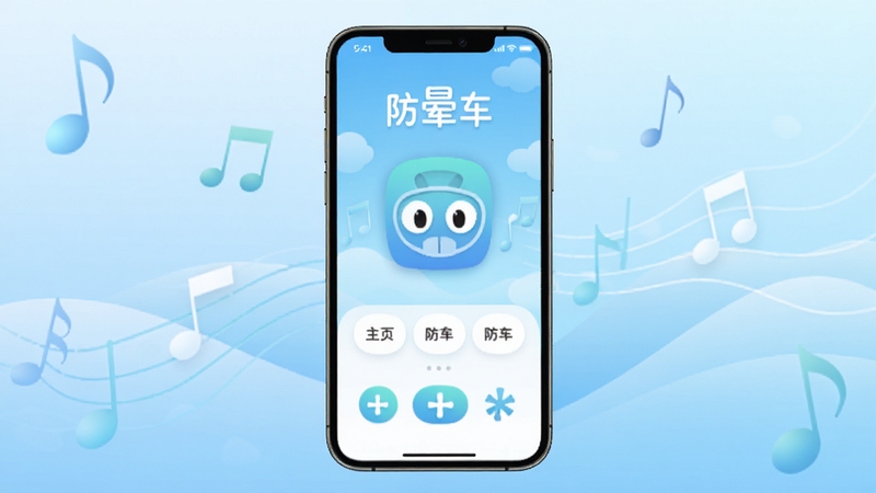 一款名为防晕车的手机应用界面展示,画面中央是软件的主控界面,背景为柔和的浅蓝色渐变,周围环绕着代表舒缓的波浪和音符元素,整体风格清新简洁,突出防晕车功能。