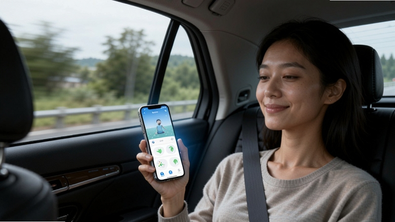 防晕车软件在移动端的使用场景图,一位乘客坐在行驶的汽车后排,手持手机使用防晕车应用,手机屏幕发出柔和的蓝光,乘客表情放松,车窗外是模糊的风景,画面强调舒适与宁静。