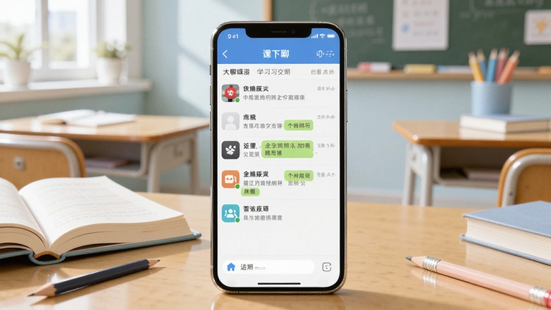 整体画面以明亮教室为背景,画面中心位置放置一部智能手机,手机屏幕显示课下聊应用主界面,界面中有清晰的聊天列表和群组图标,背景区域点缀书本、铅笔、课桌等学习元素,整体色调清新柔和,突出学习交流氛围,适配Boogu模型生成。