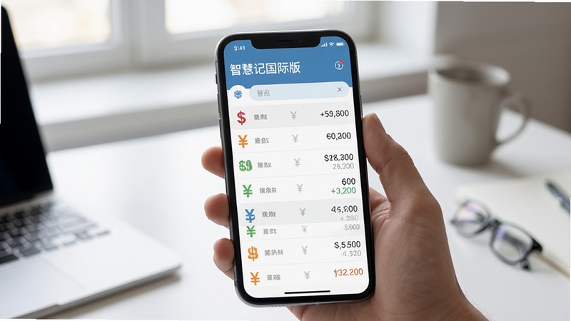 智慧记国际版多币种记账界面展示,手机屏幕显示不同货币符号的收支列表,背景是简洁的办公桌面,柔和光线,扁平化设计风格