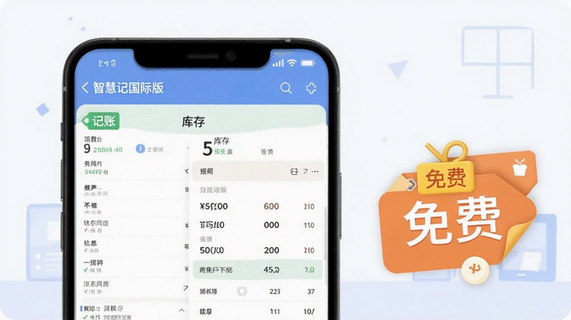智慧记国际版免费版功能介绍图,手机屏幕展示记账与库存界面,旁边有免费标签,背景简洁明亮,扁平插画风格
