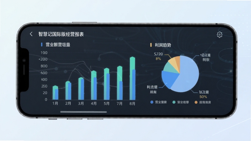 智慧记国际版经营报表看板,手机屏幕显示柱状图与饼图,展示营业额和利润趋势,背景为浅色渐变,科技感与商务感结合